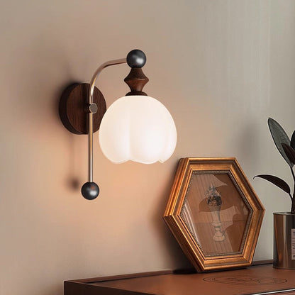Traditional Vintage Floral Round Cone Wood Iron Glass LED Wall Sconce Lamp For Bedroom
