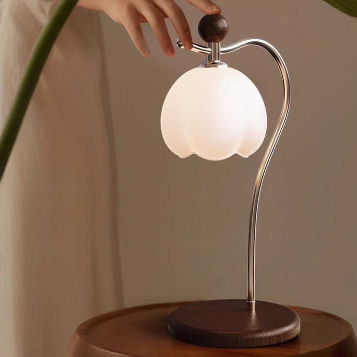 Traditional Vintage Floral Arc Round Cone Wood Iron Glass LED Table Lamp For Bedroom