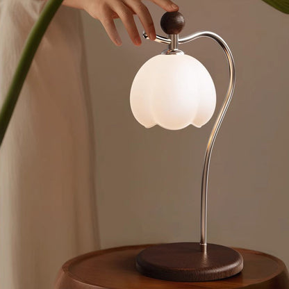 Traditional Vintage Floral Arc Round Cone Wood Iron Glass LED Table Lamp For Bedroom