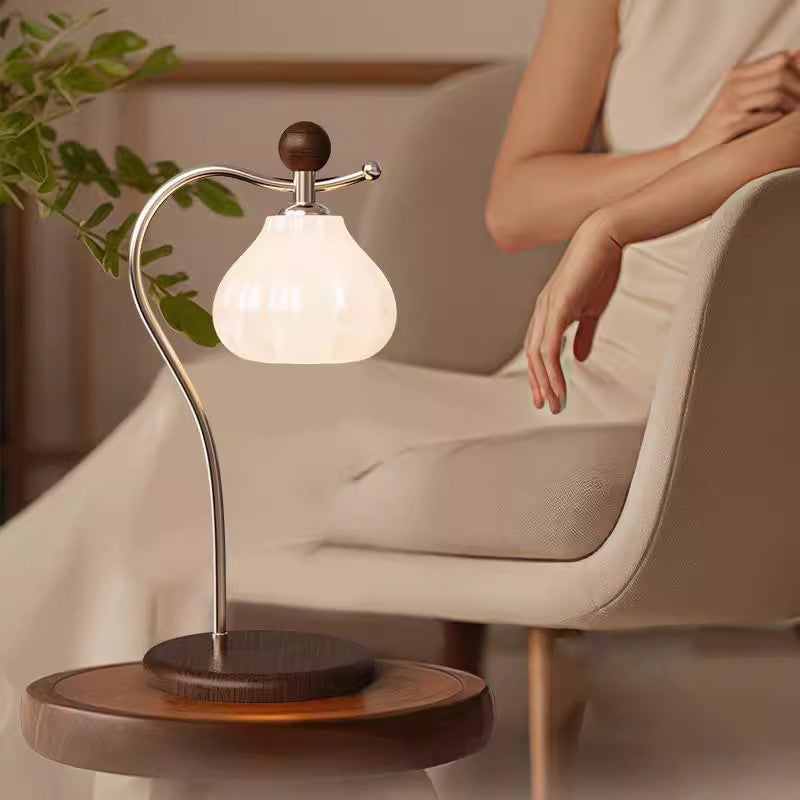 Traditional Vintage Floral Arc Round Cone Wood Iron Glass LED Table Lamp For Bedroom