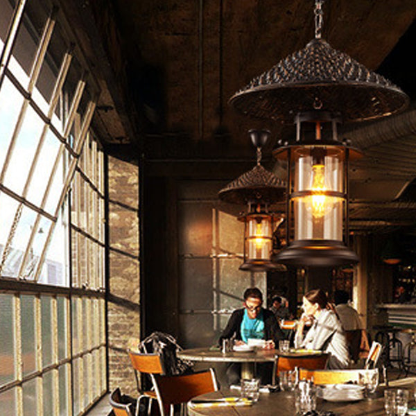Contemporary Industrial Hat Cone Cylinder Iron Bamboo Glass 1-Light Pendant Light For Living Room