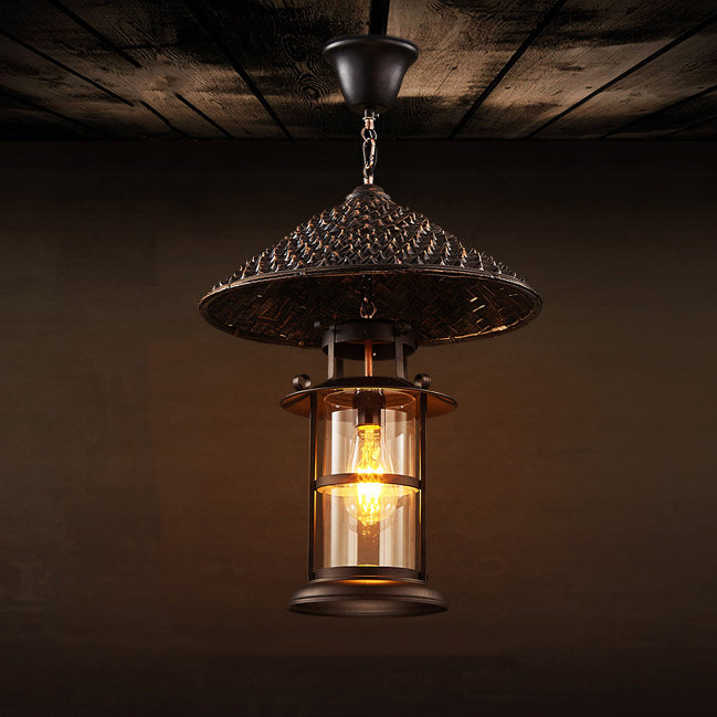 Contemporary Industrial Hat Cone Cylinder Iron Bamboo Glass 1-Light Pendant Light For Living Room
