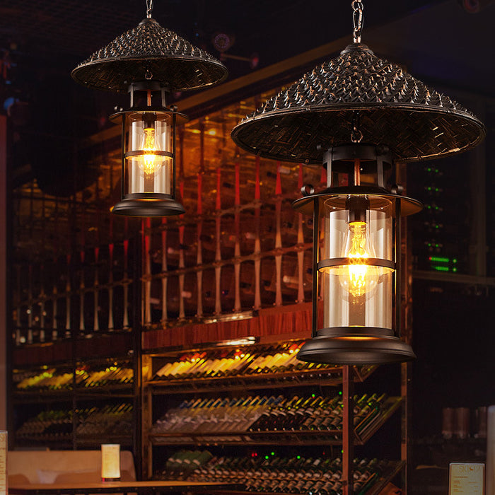 Contemporary Industrial Hat Cone Cylinder Iron Bamboo Glass 1-Light Pendant Light For Living Room