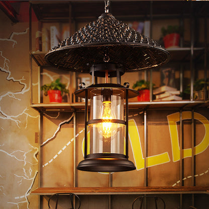 Contemporary Industrial Hat Cone Cylinder Iron Bamboo Glass 1-Light Pendant Light For Living Room