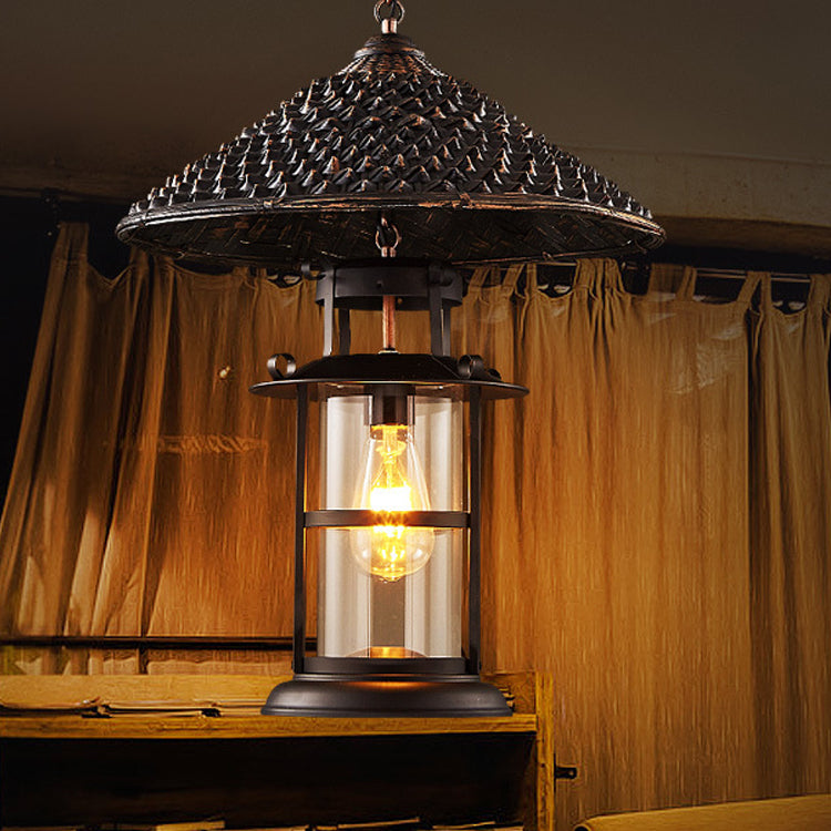 Contemporary Industrial Hat Cone Cylinder Iron Bamboo Glass 1-Light Pendant Light For Living Room