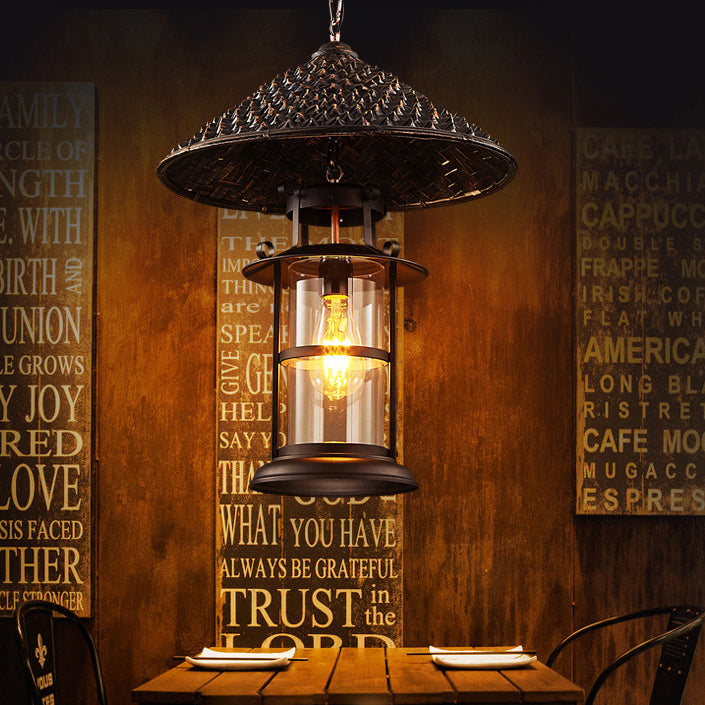 Contemporary Industrial Hat Cone Cylinder Iron Bamboo Glass 1-Light Pendant Light For Living Room