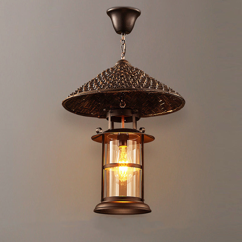 Contemporary Industrial Hat Cone Cylinder Iron Bamboo Glass 1-Light Pendant Light For Living Room