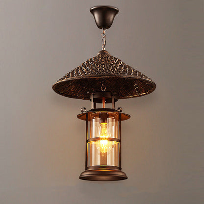 Contemporary Industrial Hat Cone Cylinder Iron Bamboo Glass 1-Light Pendant Light For Living Room