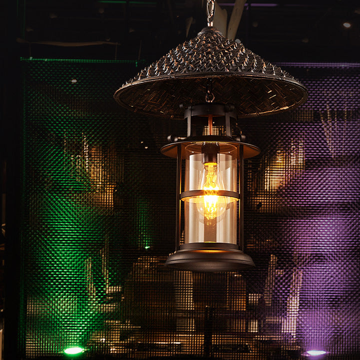 Contemporary Industrial Hat Cone Cylinder Iron Bamboo Glass 1-Light Pendant Light For Living Room