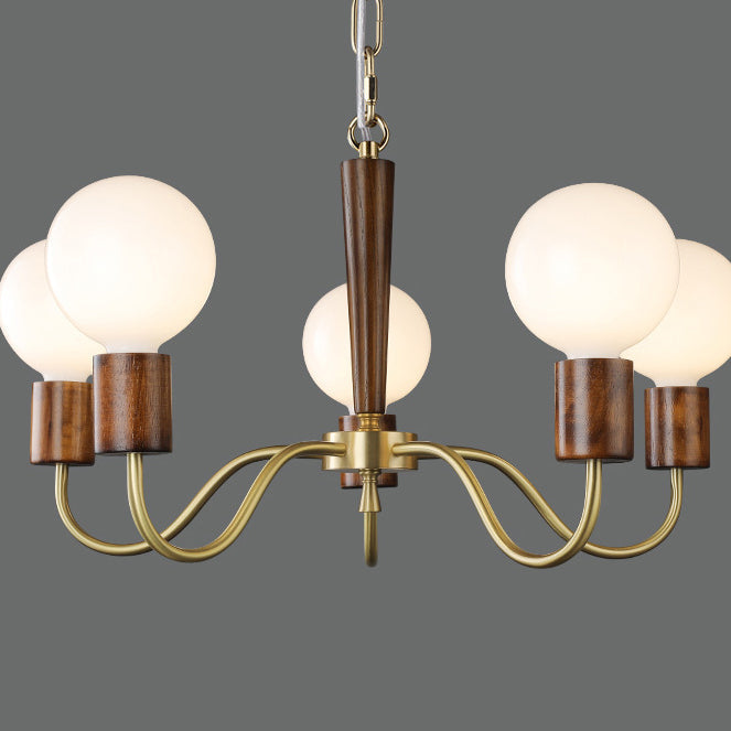 Traditional Vintage Round Orb Copper Walnut Glass 3/5 Light Chandelier For Living Room