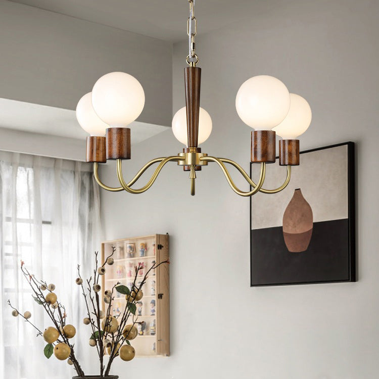 Traditional Vintage Round Orb Copper Walnut Glass 3/5 Light Chandelier For Living Room