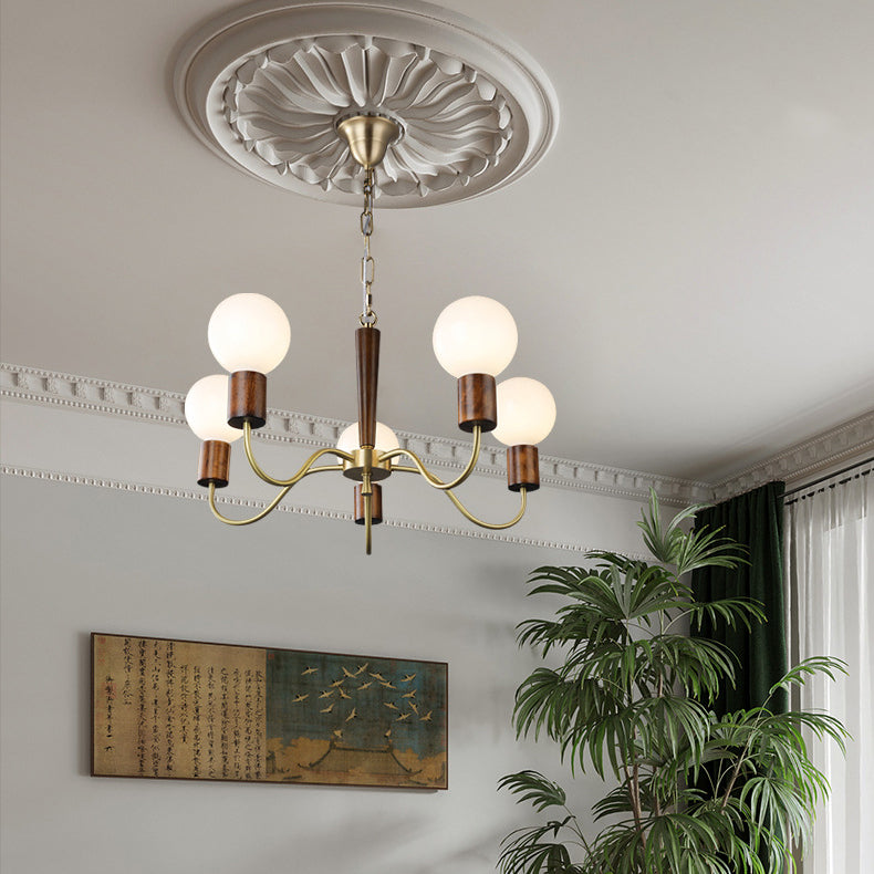 Traditional Vintage Round Orb Copper Walnut Glass 3/5 Light Chandelier For Living Room
