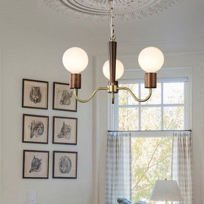 Traditional Vintage Round Orb Copper Walnut Glass 3/5 Light Chandelier For Living Room