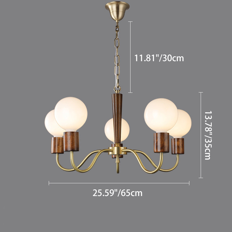 Traditional Vintage Round Orb Copper Walnut Glass 3/5 Light Chandelier For Living Room