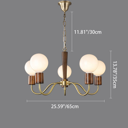 Traditional Vintage Round Orb Copper Walnut Glass 3/5 Light Chandelier For Living Room