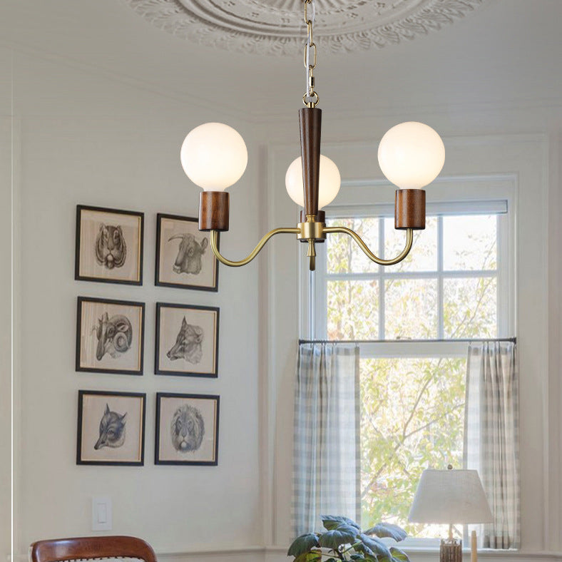 Traditional Vintage Round Orb Copper Walnut Glass 3/5 Light Chandelier For Living Room