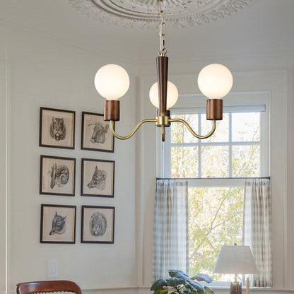Traditional Vintage Round Orb Copper Walnut Glass 3/5 Light Chandelier For Living Room
