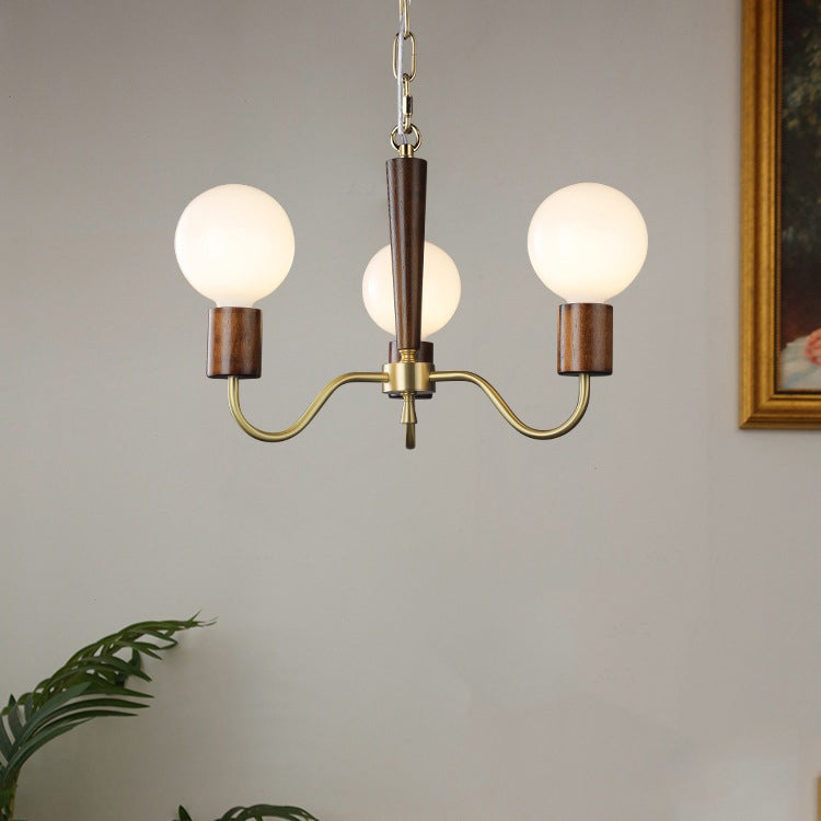 Traditional Vintage Round Orb Copper Walnut Glass 3/5 Light Chandelier For Living Room