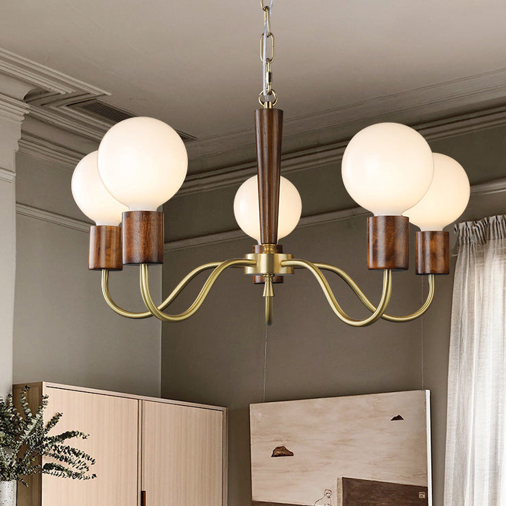 Traditional Vintage Round Orb Copper Walnut Glass 3/5 Light Chandelier For Living Room