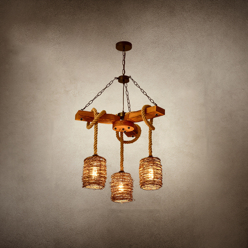 Traditional Rustic Round Cylinder Iron Wood Hemp Rope 3/6/8 Light Chandelier For Dining Room