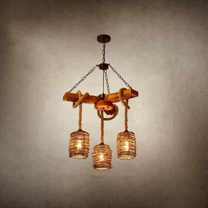 Traditional Rustic Round Cylinder Iron Wood Hemp Rope 3/6/8 Light Chandelier For Dining Room