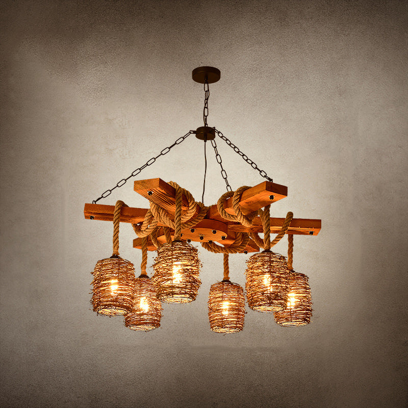 Traditional Rustic Round Cylinder Iron Wood Hemp Rope 3/6/8 Light Chandelier For Dining Room