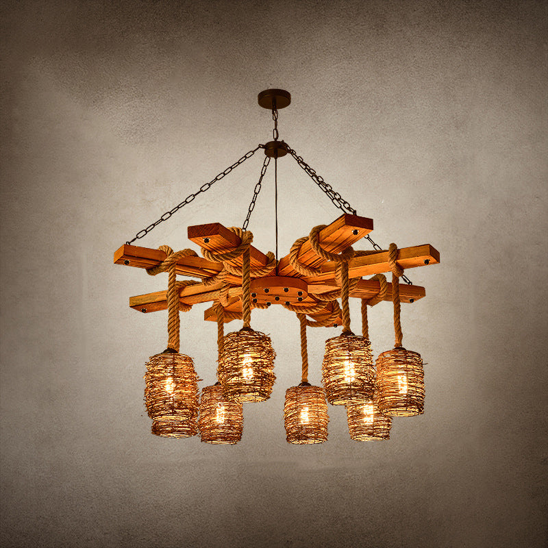 Traditional Rustic Round Cylinder Iron Wood Hemp Rope 3/6/8 Light Chandelier For Dining Room