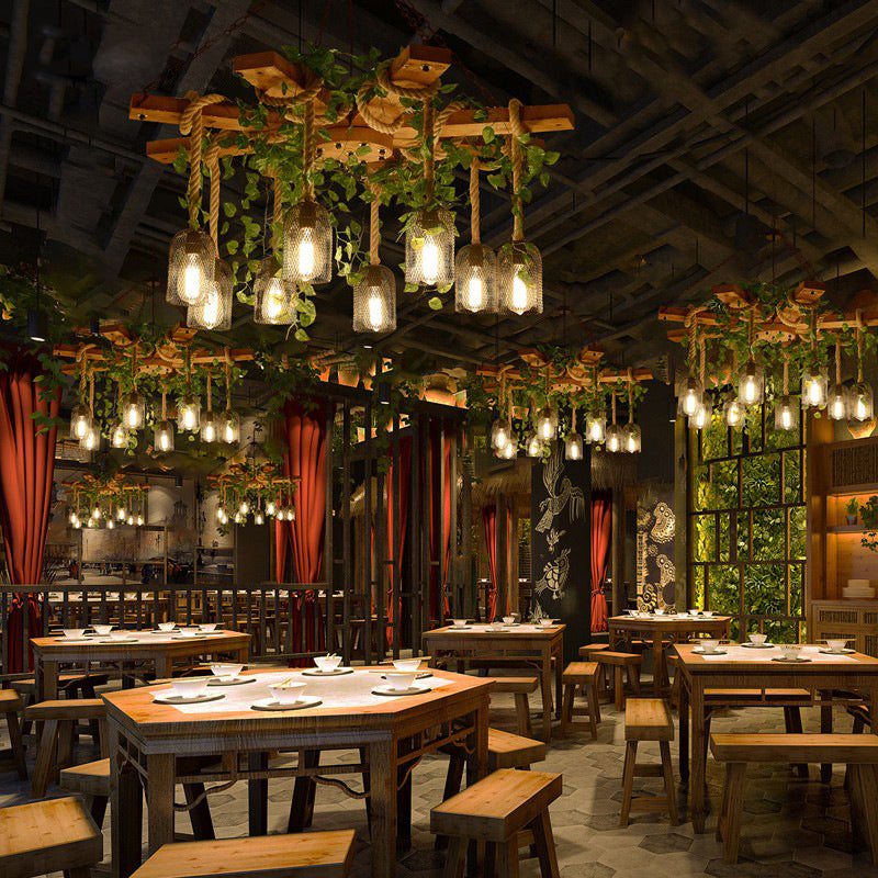 Traditional Rustic Round Cylinder Iron Wood Hemp Rope 3/6/8 Light Chandelier For Dining Room