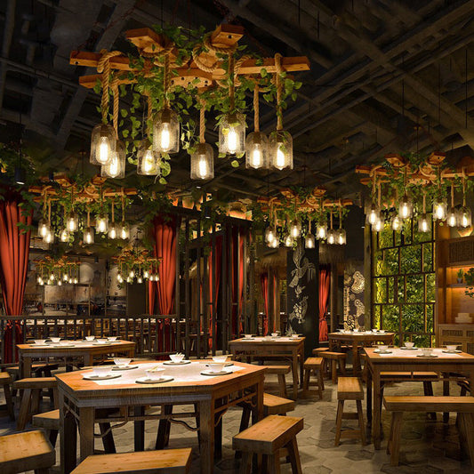 Traditional Rustic Round Cylinder Iron Wood Hemp Rope 3/6/8 Light Chandelier For Dining Room