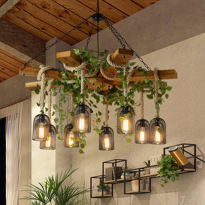 Traditional Rustic Round Cylinder Iron Wood Hemp Rope 3/6/8 Light Chandelier For Dining Room