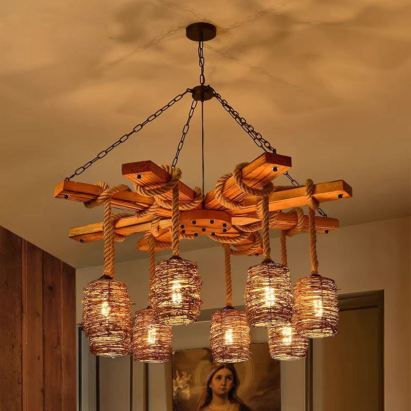 Traditional Rustic Round Cylinder Iron Wood Hemp Rope 3/6/8 Light Chandelier For Dining Room