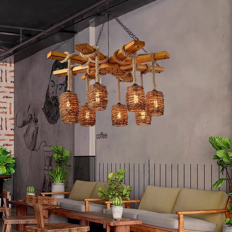Traditional Rustic Round Cylinder Iron Wood Hemp Rope 3/6/8 Light Chandelier For Dining Room