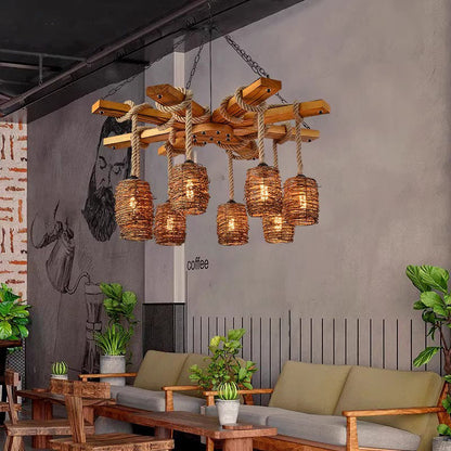 Traditional Rustic Round Cylinder Iron Wood Hemp Rope 3/6/8 Light Chandelier For Dining Room