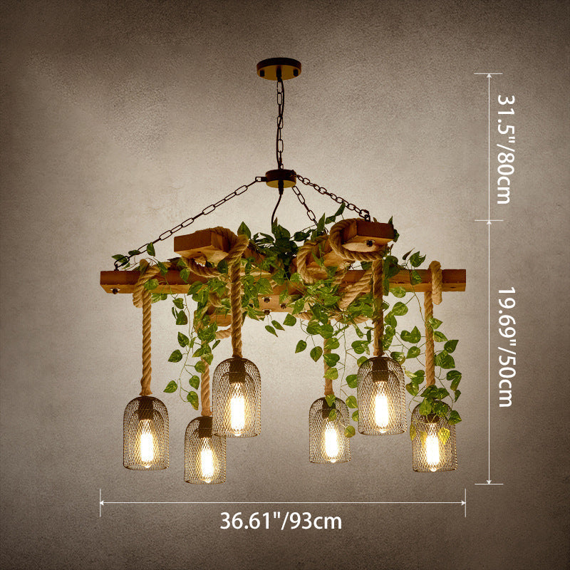 Traditional Rustic Round Cylinder Iron Wood Hemp Rope 3/6/8 Light Chandelier For Dining Room