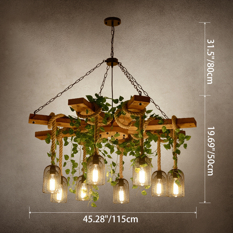 Traditional Rustic Round Cylinder Iron Wood Hemp Rope 3/6/8 Light Chandelier For Dining Room