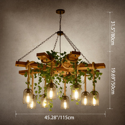 Traditional Rustic Round Cylinder Iron Wood Hemp Rope 3/6/8 Light Chandelier For Dining Room