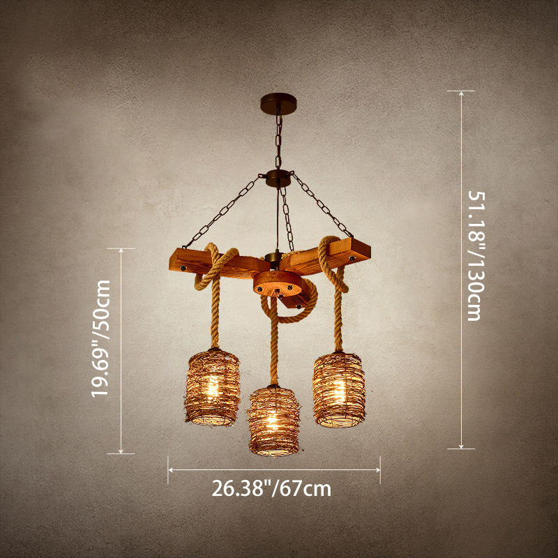 Traditional Rustic Round Cylinder Iron Wood Hemp Rope 3/6/8 Light Chandelier For Dining Room