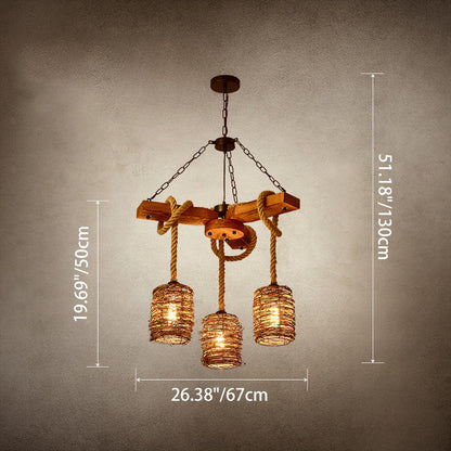 Traditional Rustic Round Cylinder Iron Wood Hemp Rope 3/6/8 Light Chandelier For Dining Room