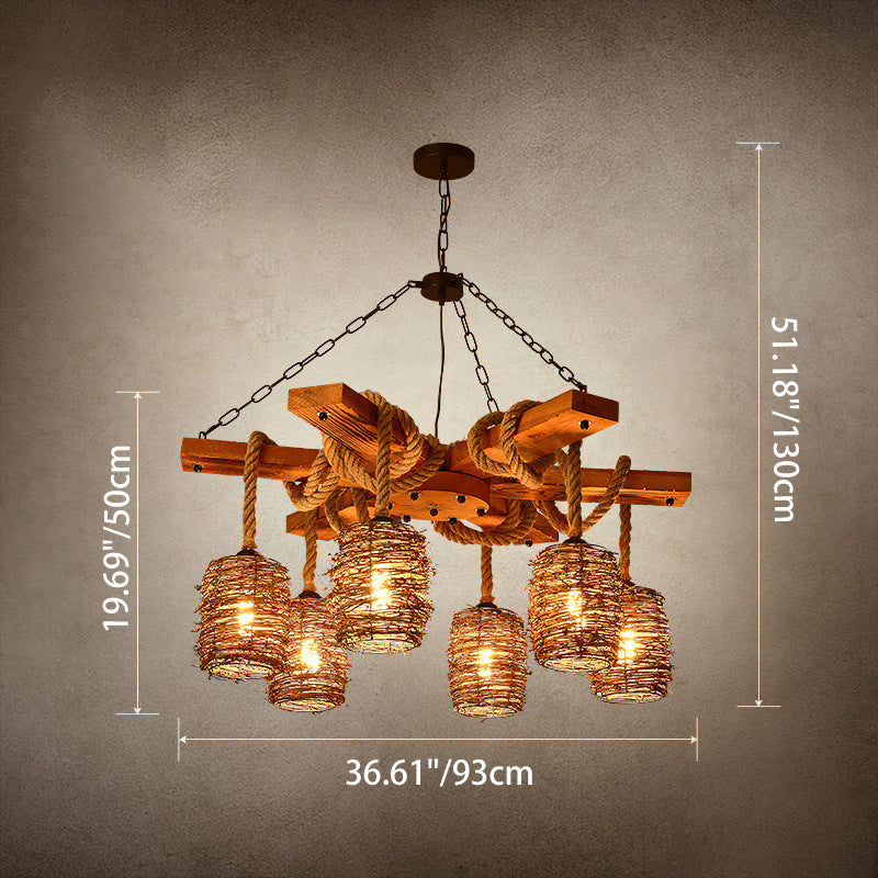 Traditional Rustic Round Cylinder Iron Wood Hemp Rope 3/6/8 Light Chandelier For Dining Room