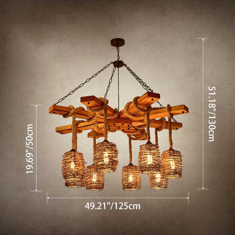 Traditional Rustic Round Cylinder Iron Wood Hemp Rope 3/6/8 Light Chandelier For Dining Room