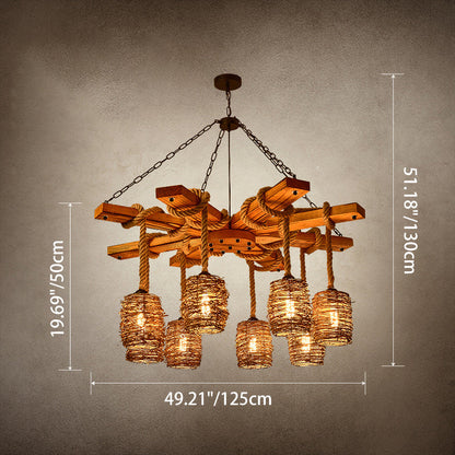 Traditional Rustic Round Cylinder Iron Wood Hemp Rope 3/6/8 Light Chandelier For Dining Room