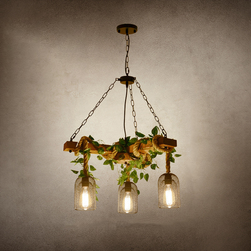 Traditional Rustic Round Cylinder Iron Wood Hemp Rope 3/6/8 Light Chandelier For Dining Room