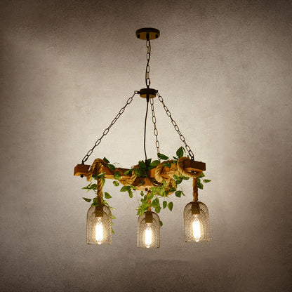 Traditional Rustic Round Cylinder Iron Wood Hemp Rope 3/6/8 Light Chandelier For Dining Room