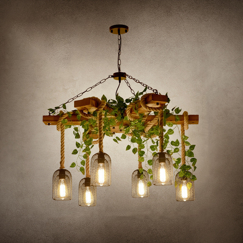 Traditional Rustic Round Cylinder Iron Wood Hemp Rope 3/6/8 Light Chandelier For Dining Room