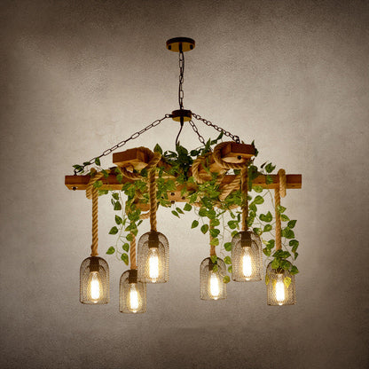 Traditional Rustic Round Cylinder Iron Wood Hemp Rope 3/6/8 Light Chandelier For Dining Room