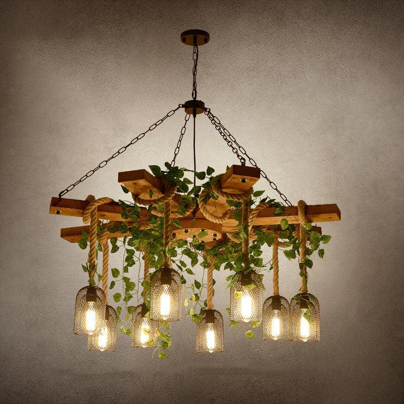 Traditional Rustic Round Cylinder Iron Wood Hemp Rope 3/6/8 Light Chandelier For Dining Room