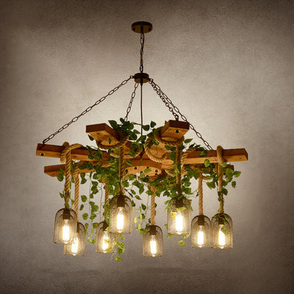Traditional Rustic Round Cylinder Iron Wood Hemp Rope 3/6/8 Light Chandelier For Dining Room