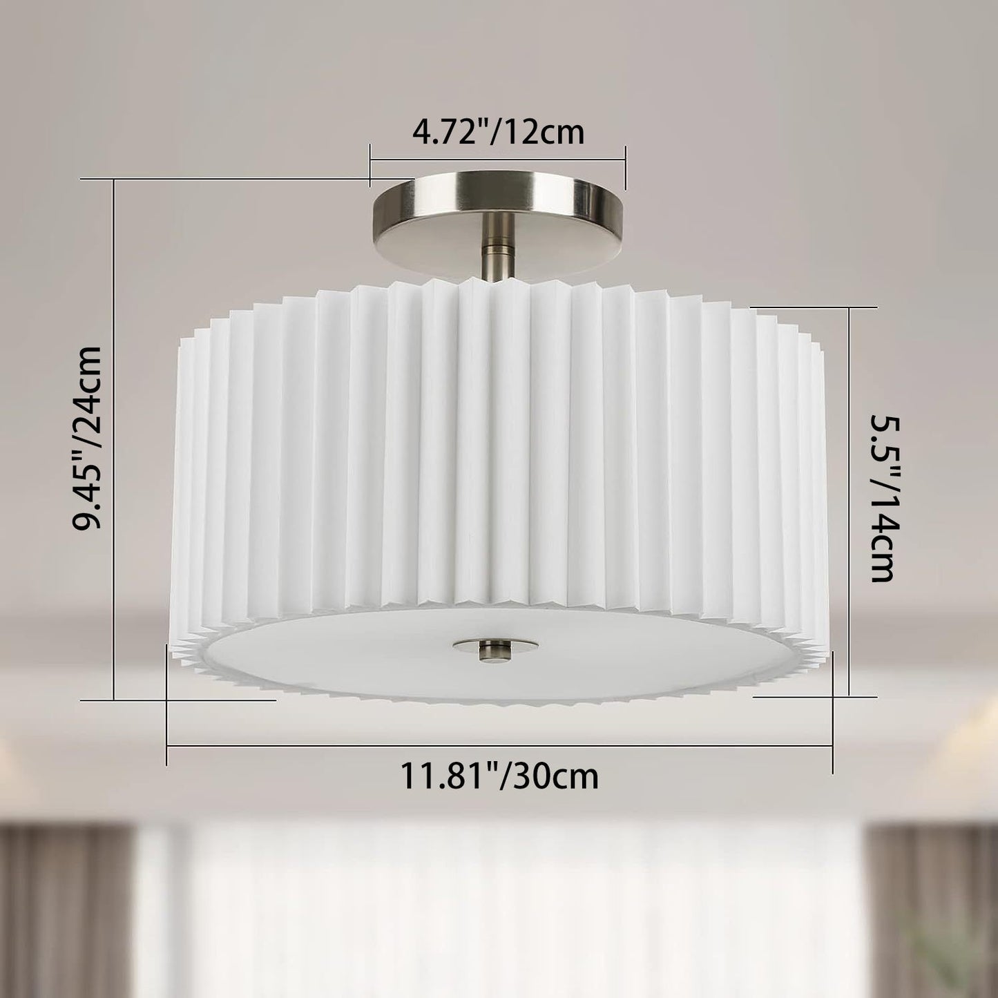 Modern Minimalist Pleated Round Cylinder Metal Fabric Acrylic 3-Light Semi-Flush Mount Ceiling Light For Bedroom