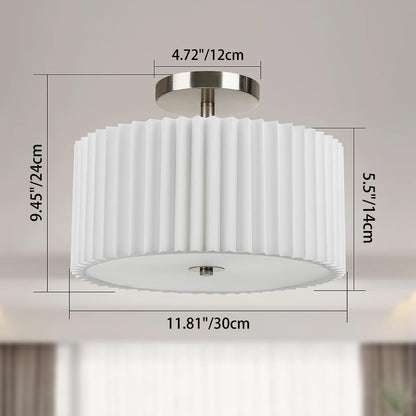 Modern Minimalist Pleated Round Cylinder Metal Fabric Acrylic 3-Light Semi-Flush Mount Ceiling Light For Bedroom