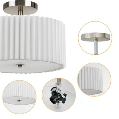 Modern Minimalist Pleated Round Cylinder Metal Fabric Acrylic 3-Light Semi-Flush Mount Ceiling Light For Bedroom